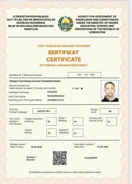 Navoiyda 8 yoshli o‘quvchi ingliz tilidan B2 darajadagi milliy sertifikatni qo‘lga kiritdi