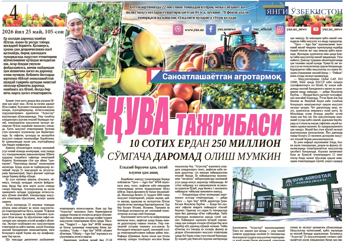 Қува тажрибаси: 10 сотих ердан 250 миллион  сўмгача даромад олиш мумкин