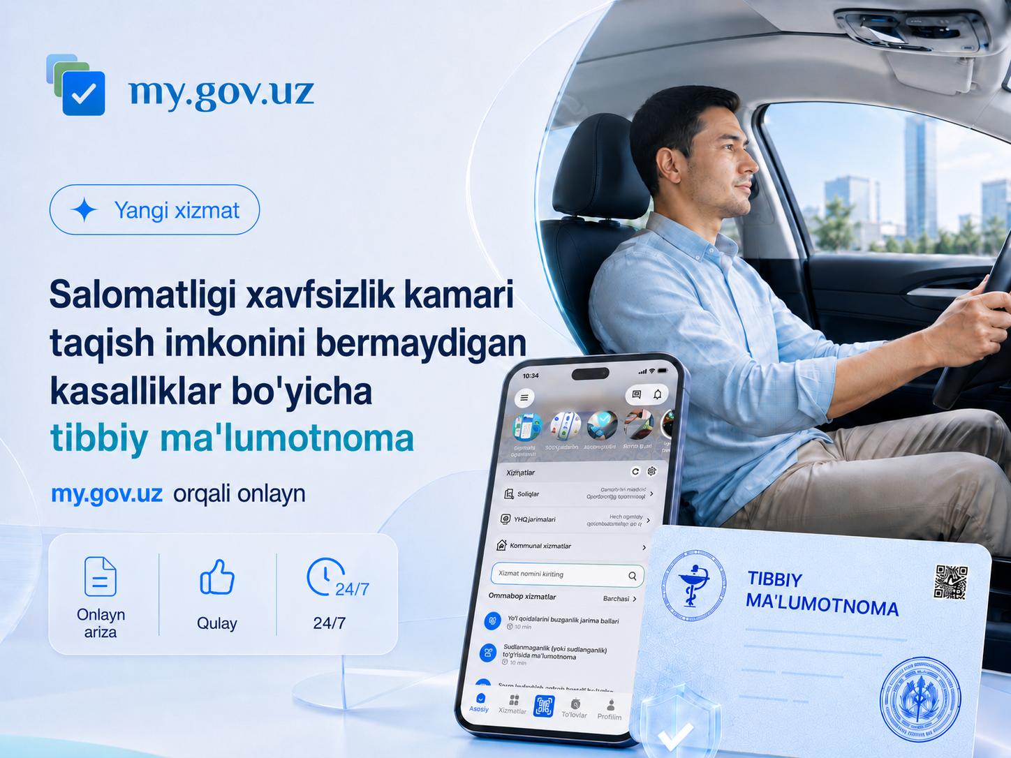 Xavfsizlik kamarini taqmaslikka ruxsat beruvchi tibbiy maʼlumotnomani endi online olish mumkin
