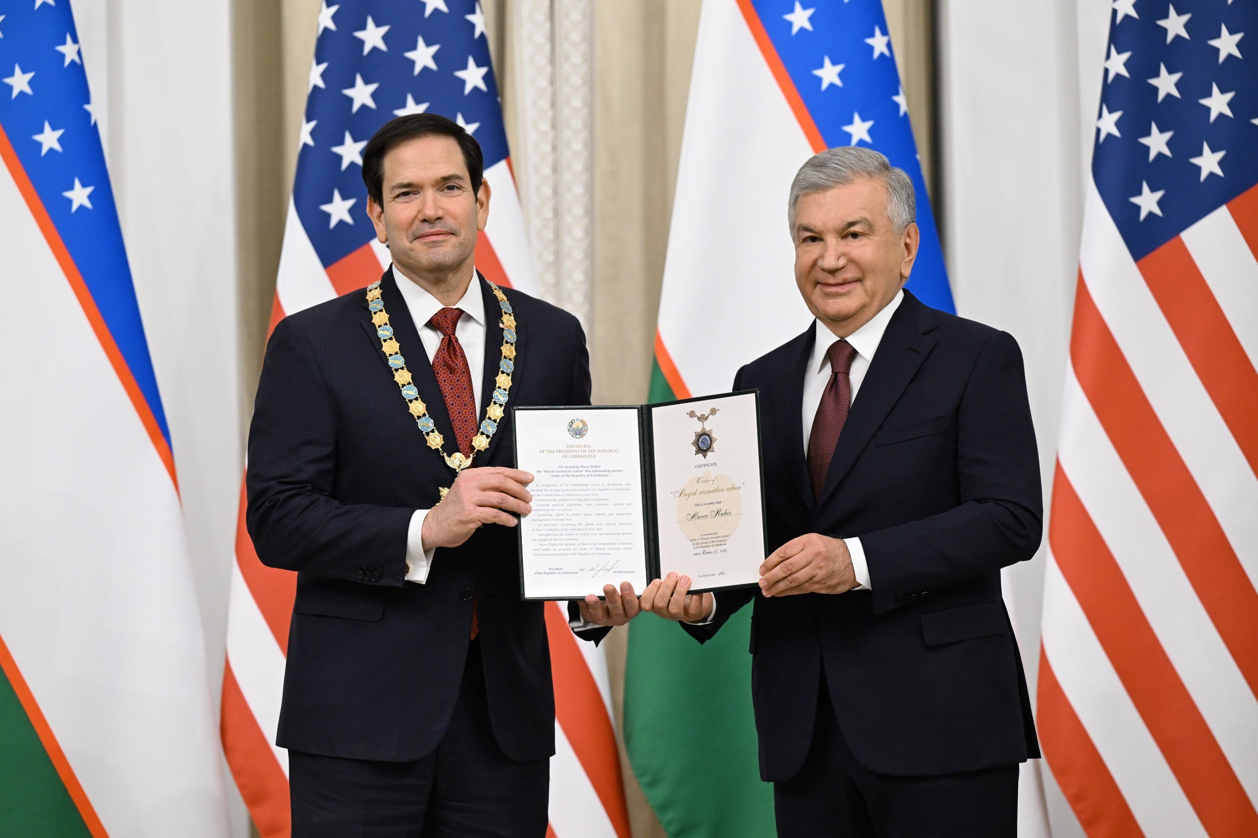 Oʻzbekiston Prezidenti Marko Rubio va Serjio Gorni davlat mukofotlari bilan taqdirladi