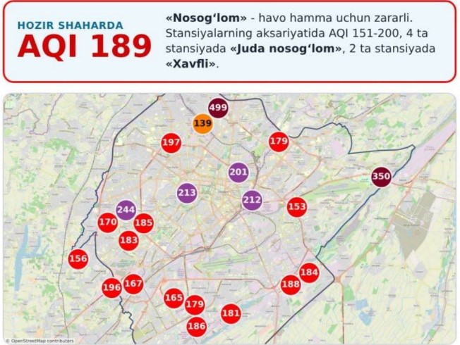 Тошкентда ҳаво сифати «носоғлом» даражада қолмоқда