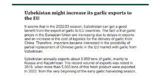 Ўзбекистон келгуси мавсумда ЕИ мамлакатларига саримсоқ экспортидан катта фойда олиши мумкин