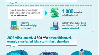 Жорий йил 1 апрелдан бошлаб аҳоли томонидан ишлаб чиқарилган электр энергияси учун субсидия берила бошлайди