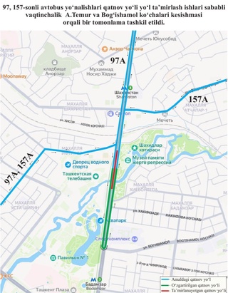Toshkentdagi 97 va 157-sonli avtobus yoʻnalishlari qatnov yoʻli vaqtincha oʻzgartirildi
