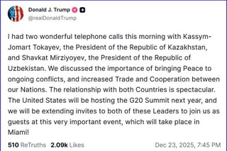 Доналд Трамп Шавкат Мирзиёевни G20 саммитига таклиф қилди