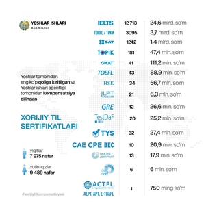 Xorijiy tillar bo‘yicha yuqori natija erishgan yoshlarga 30 milliarddan ortiq summa qoplab berildi