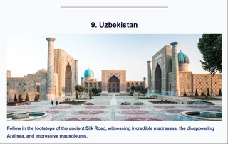 Узбекистан занял 9-е место среди лучших мест для путешествий в 2023 году по версии журнала Travel Lemming