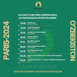 Parij-2024:  9 avgust kuni quyidagi sportchilarimiz bahslarda ishtirok etadi