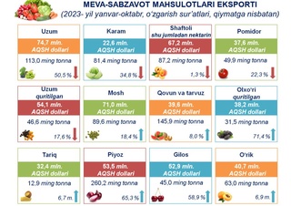 10 ойда қарийб 1,5 млн тонна мева ва сабзавотлар экспорт қилинган