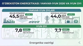 2026-yil yanvar-iyun oylarida o‘tgan yilning mos davriga nisbatan 7,1 foizga ko‘p elektr energiyasi ishlab chiqarilgan