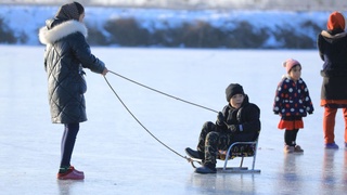 Музлаган кўлда чана учишмоқда