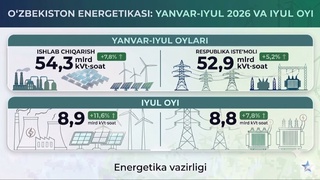 2026-yil yanvar-iyul oylarida ishlab chiqarilgan elektr energiyasi o‘tgan yilning mos davriga nisbatan 7,8 foizga ko‘p