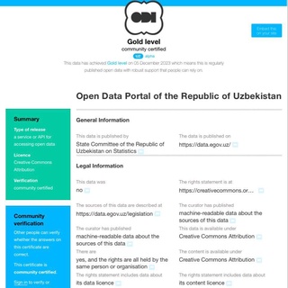 Ўзбекистон Очиқ маълумотлар портали "Open Data Institute"нинг  олтин даражадаги сертификатига сазовор бўлди