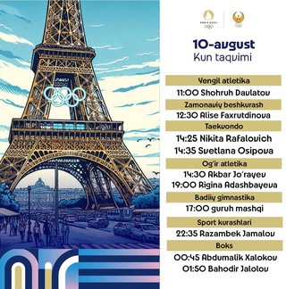 «Париж-2024»: сегодня девять спортсменов из Узбекистана будут защищать честь страны в семи видах спорта