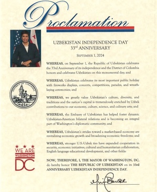 АҚШ пойтахти мэри 1 сентябрни Вашингтонда Ўзбекистон Мустақиллиги куни деб эълон қилди