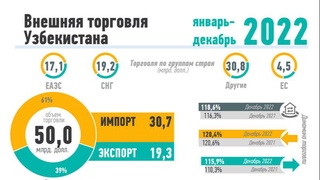 Внешнеторговый оборот Узбекистана в 2022 году составил 50 млрд долларов