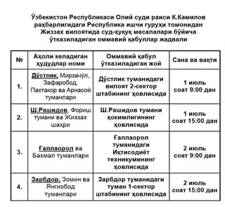 Суд-ҳуқуқ масалалари бўйича оммавий қабуллар Жиззах ва Сирдарё вилоятларида давом эттирилади