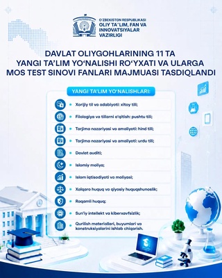 Davlat oliy ta’lim tashkilotlarida 11 ta yangi ta’lim yo‘nalishi ochildi