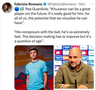 Pep Gvardiola: “Husanov qaror qabul qilish koʻnikmasini yanada rivojlantirish kerak”