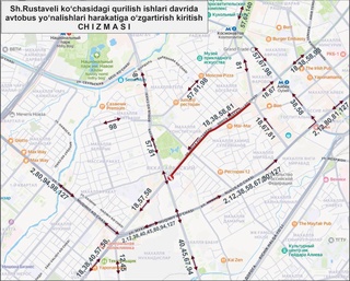 В связи с реконструкцией улицы Шота Руставели в Ташкенте временно изменено движение автобусов