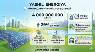 В Узбекистане «зеленая» энергия достигла 4 млрд кВт⋅ч - это на 29% больше, чем за аналогичный период прошлого года