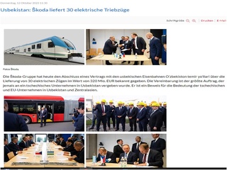 Чехия компанияси Ўзбекистонга 320 миллион евро миқдоридаги 30 та электр поезди етказиб беради