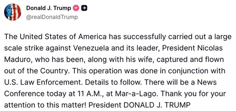Nikolas Maduro qoʻlga olindi va Venesueladan olib ketildi — Tramp
