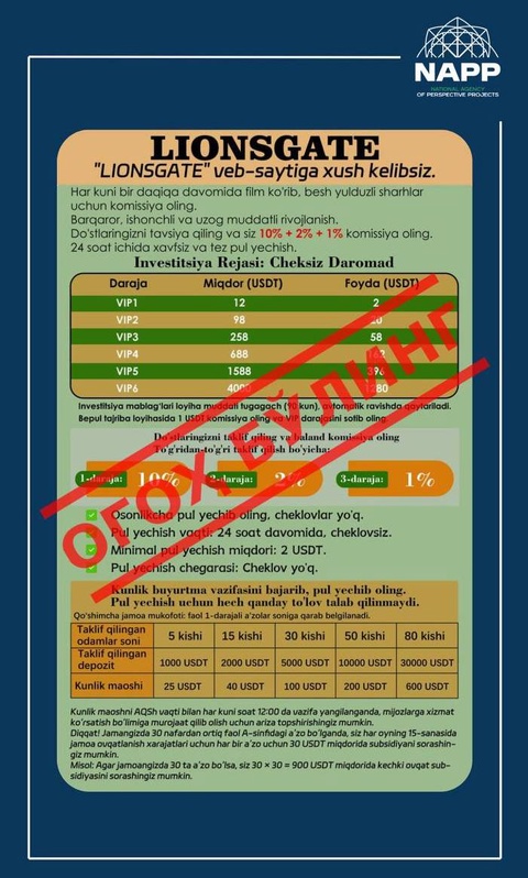 An illegal LIONSGATE crypto project with signs of a pyramid scheme has been identified in Uzbekistan