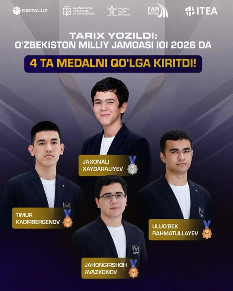 Tarix yozildi: O‘zbekiston milliy jamoasi 38-Xalqaro informatika olimpiadasida 4 ta medalni qo‘lga kiritdi