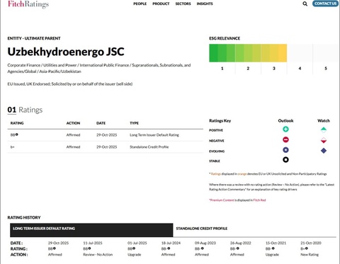“O‘zbekgidroenergo” – barqaror energiya va xalqaro ishonch ramzi: Fitch Ratings kompaniya reytingini “BB” barqaror darajasida tasdiqladi