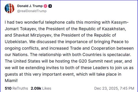 Доналд Трамп Шавкат Мирзиёевни G20 саммитига таклиф қилди