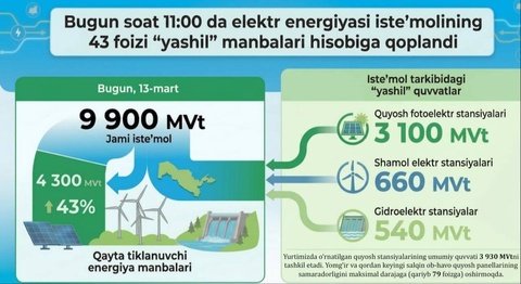 В Узбекистане доля «зеленой» энергии в потреблении электроэнергии достигла 43%
