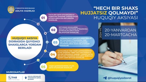 “Hech bir shaxs hujjatsiz qolmaydi” huquqiy aksiyasiga start berildi
