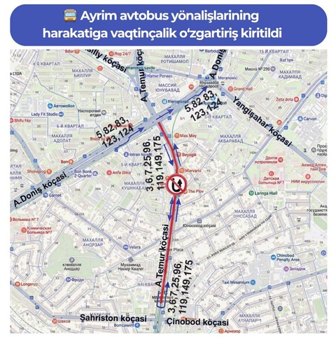 В Ташкенте временно изменена схема движения девяти автобусных маршрутов