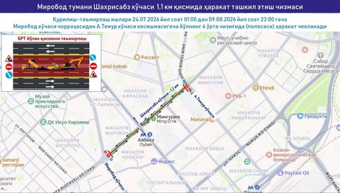 В Ташкенте с 24 июля на улице Шахрисабз стартуют работы по созданию полосы для скоростных автобусов BRT