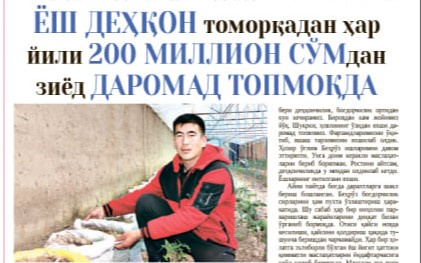 Ёш деҳқон томорқадан ҳар йили 200 миллион сўмдан зиёд даромад топмоқда