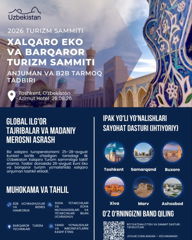 Toshkentdagi xalqaro sammit O‘zbekiston turizmi uchun yangi bozorlar ochadi